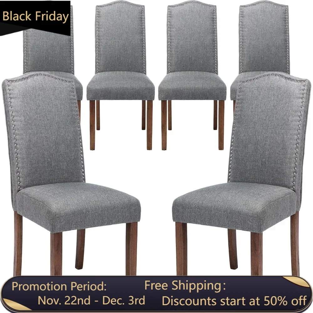 Fashionable fabric Parsons dining chair with nail head trim and sturdy solid wood legs, 6-piece set, smoke gray