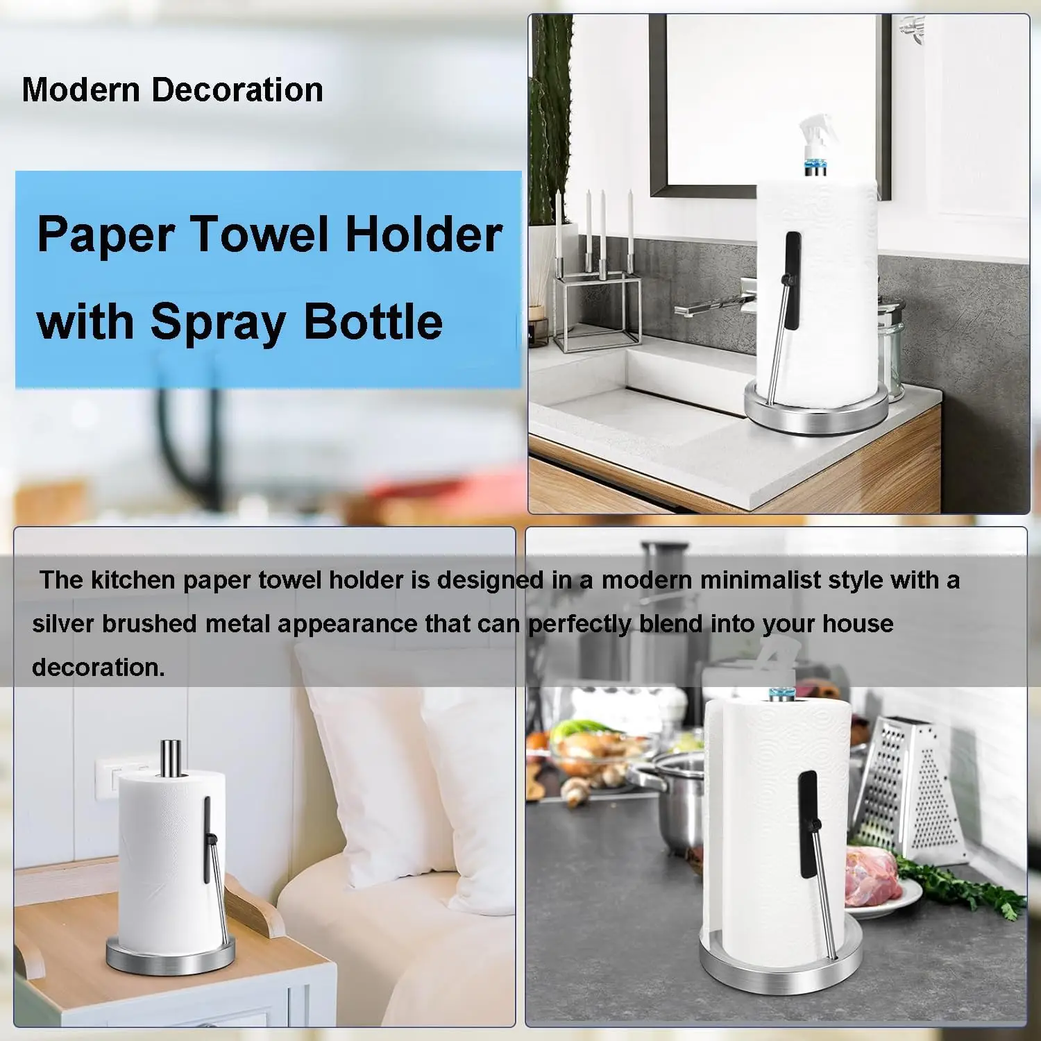 Stainless Steel Paper Towel Holder Silver Standing Paper Tissue Roll Rack with Spray Bottle for Kitchen Countertop Bathroom