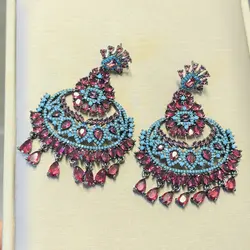 Bilincolor Micro Set Zircon Water Drop Red and Blue Tassel Earrings