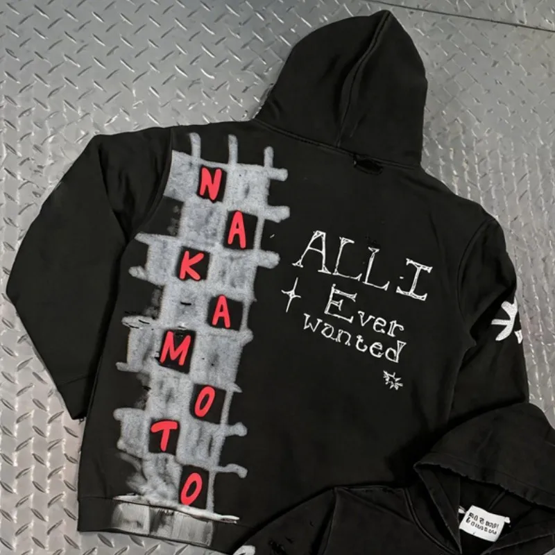 Men Women 2XL Zip-up Hoodie Black Washed Worn Grid Letter Graffiti SATOSHI Hooded Sweatshirt Colorful Rhinestone Beading Jacket