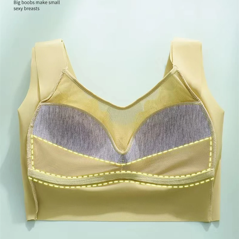 Chaleco sin costuras de encaje Sexy para mujer, ropa interior fruncida sin anillo de acero, sujetador fino de copa fija de una pieza, talla grande