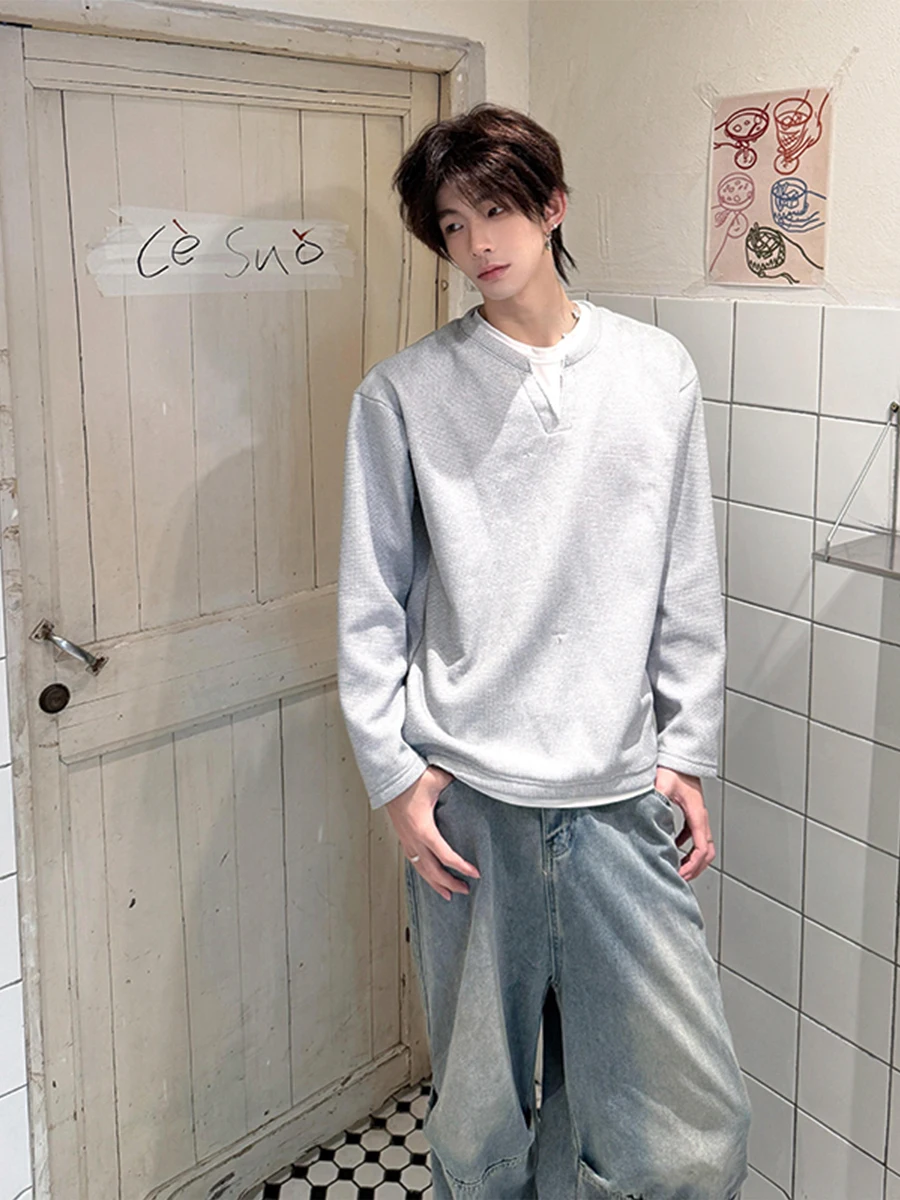 

ay V-Ne Long Sve Hoodie Men's Autumn Winter American Retro Base irt Inner Wear Casual Loose Fit Youth Trend