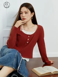 DUSHU [Multi-color Optional] Special Style Fake Two T-shirts for Women 2023 Autumn Chic Design Thin Patchwork Shirt Top Female