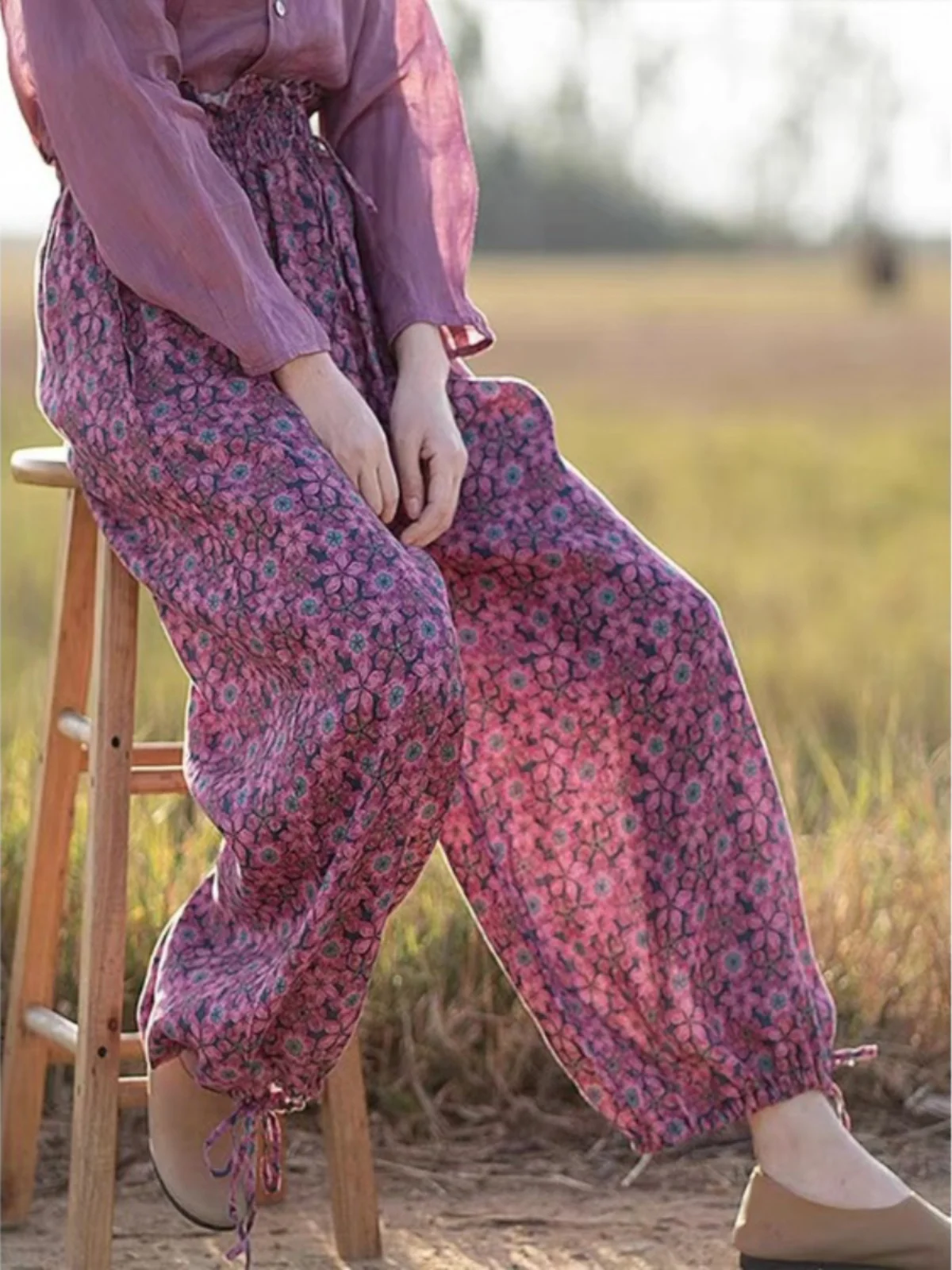 

Женские модные повседневные брюки-фонарики в деревенском стиле с принтом, прямые, больших размеров, с высокой талией и поясом, с эффектом омоложения