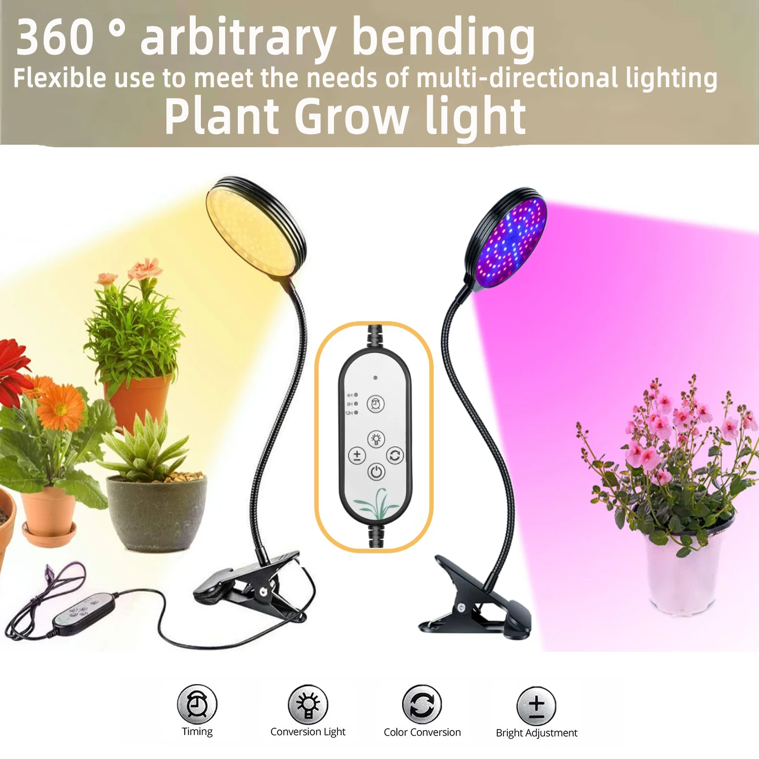 屋内植物成長ライト,USB,フルスペクトル,赤,青,調光可能,LED, 360 °,調整可能,グースネック,防水