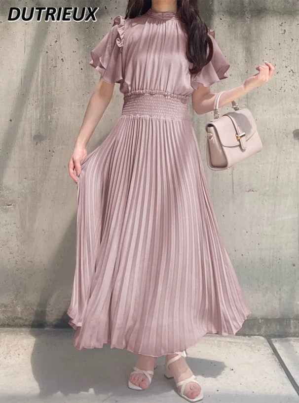 

Summer New Japanese Style Sweet Bow Ruffled Solid Color Short Sleeve Maxi Dress Elastic Waist Slimming Long Pleated Dresses