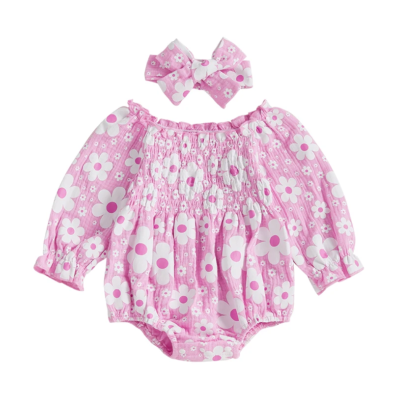 Wiosenne stroje dla małych dziewczynek Romper z długim rękawem i kwiatowym nadrukiem z kokardką