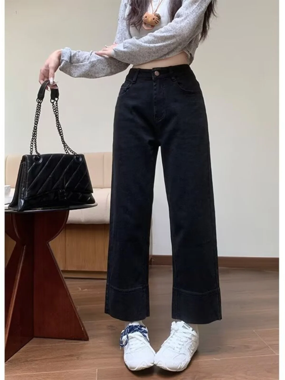 アメリカンレトロ風ストレッチデニムジーンズ レディース 大きいサイズ ハイウエスト 体型カバー スリム 細見え ワイドレッグ ストレートパンツ