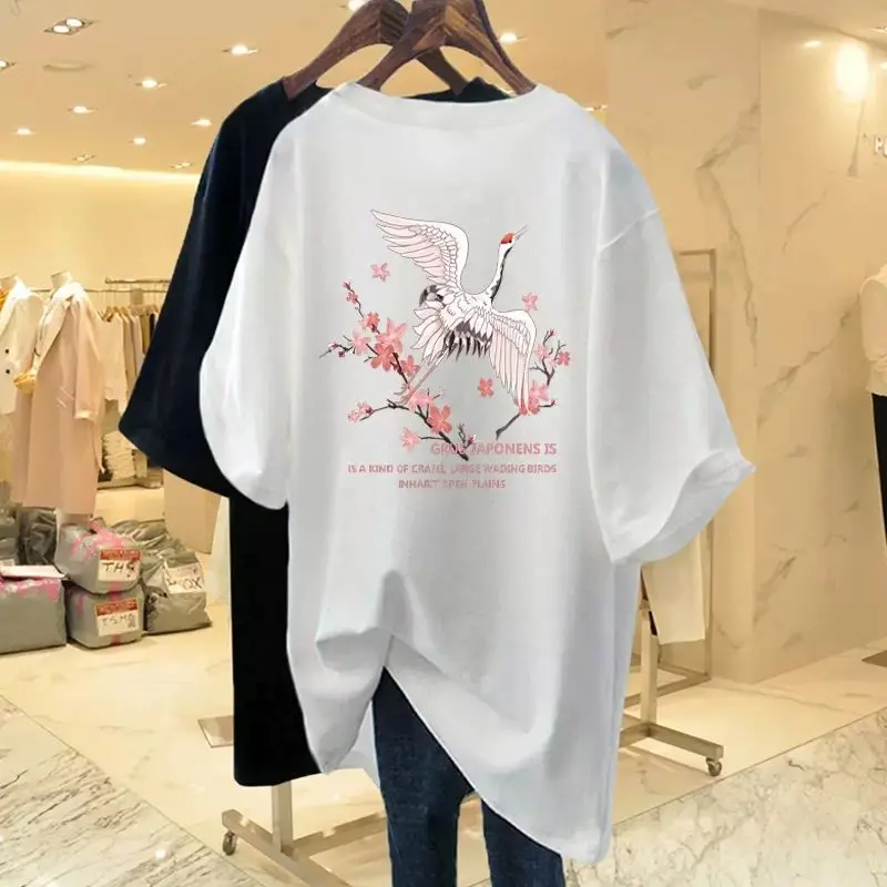 

Summer O-neck Short Sleeve 100 Cotton Loose T-shirt Casual Comfortable Basics Top Tees Women Crane Printed Pullovers M-6XL