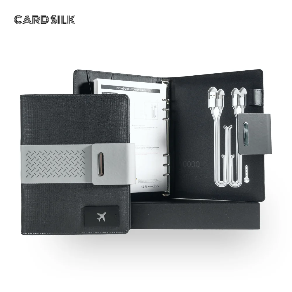 

A5 Charging Notebook with Waistband Cover Design, 3-in-1 Cable, 8000mAh Power Bank, Card Slots and Document Pocket