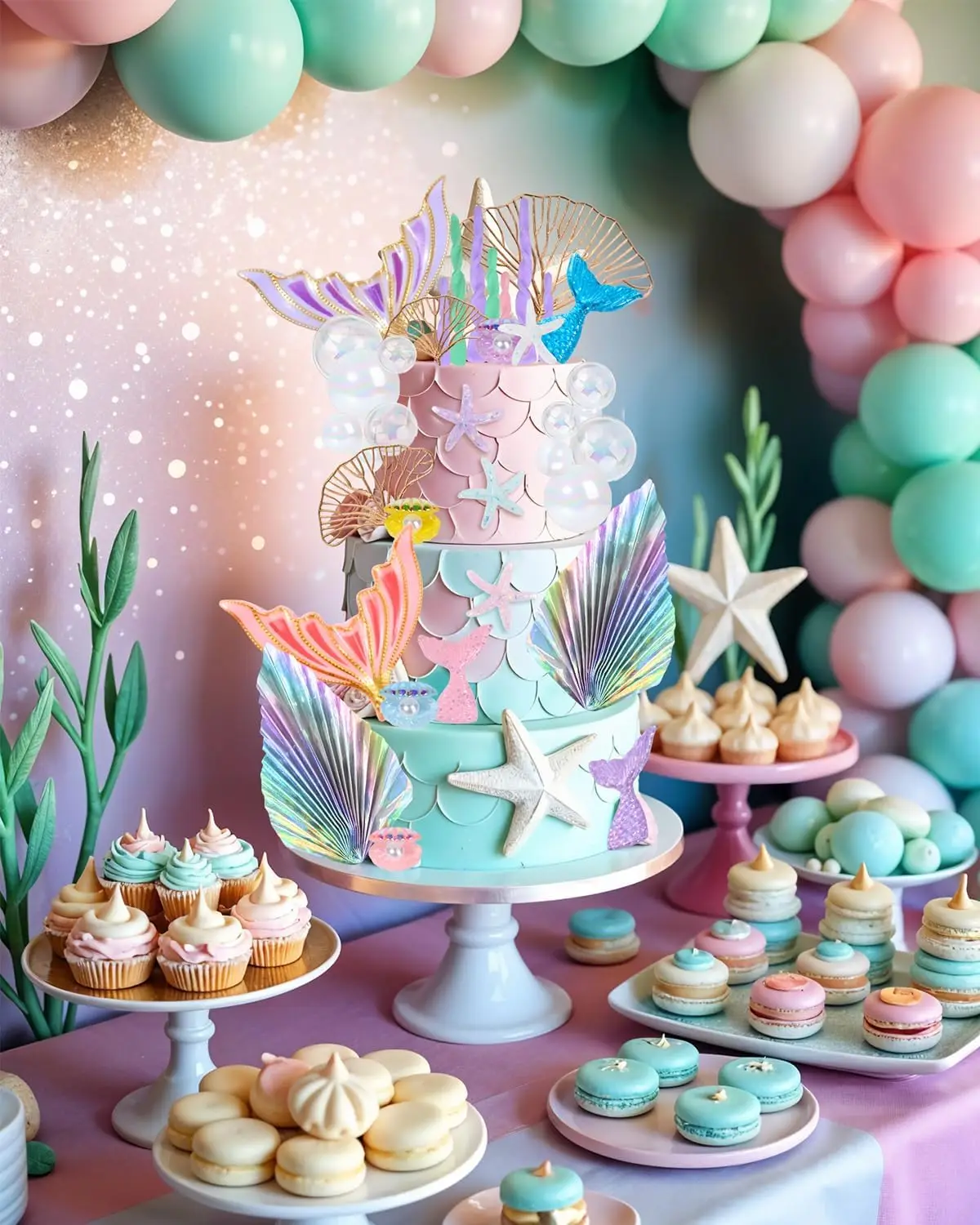Meerjungfrau-Kuchenaufsätze, 38-teiliges Kuchen-Dekor-Set unter dem Meer mit goldenen Ginkgoblättern für Partyzubehör zum Geburtstag, Meerjungfrau-Thema – Detail 4