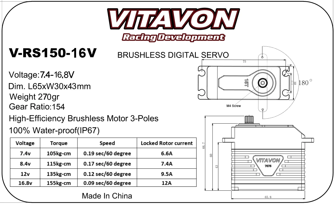 VITAVON CNC Alu7075 150 kg V2 15T bürstenloses digitales Servo für Fahrzeuge im Maßstab 1:5