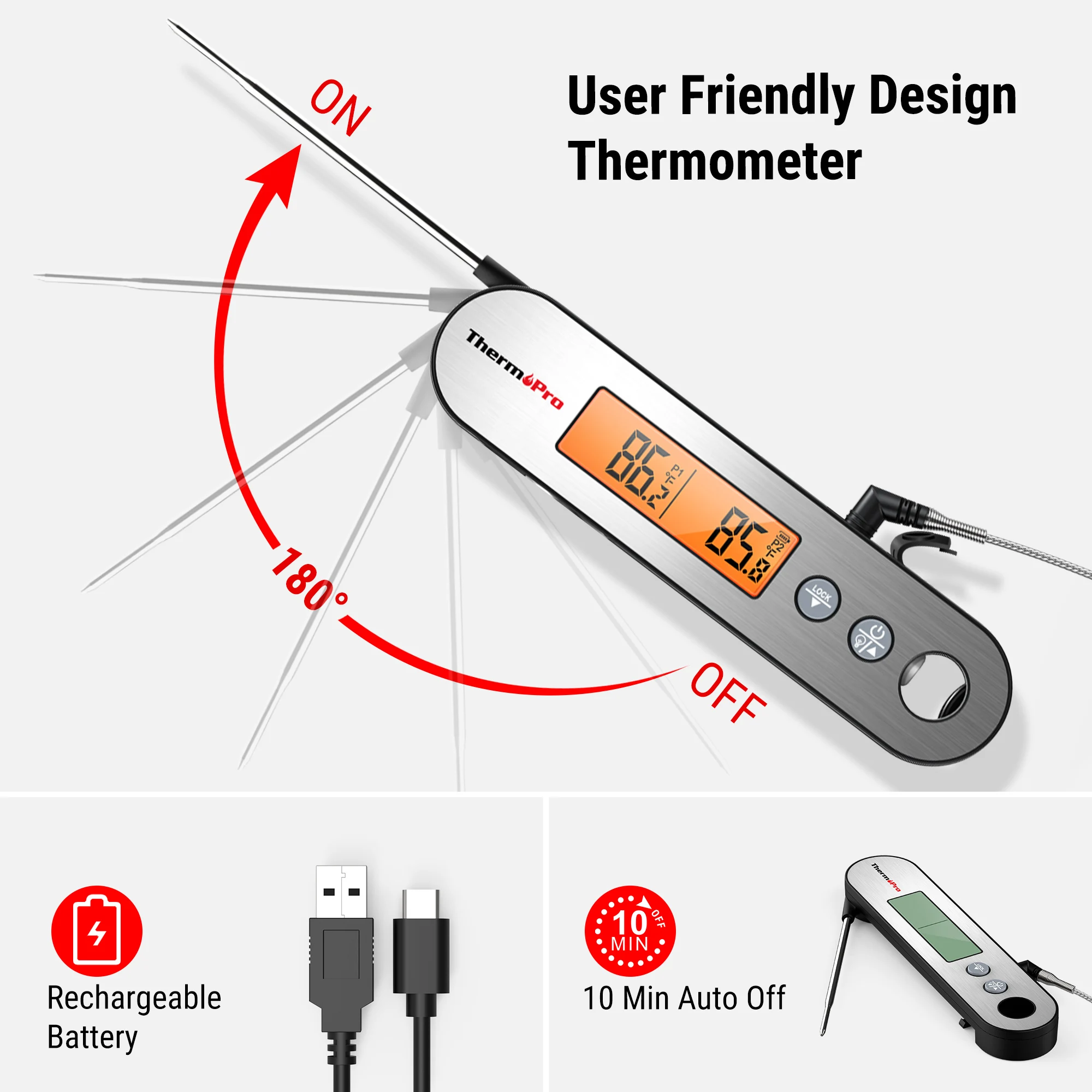 ThermoPro TP610 Instant Read Meat Thermometer Dual Probe Digital Rechargeable Waterproof Kitchen Food Cooking BBQ Grill Oven
