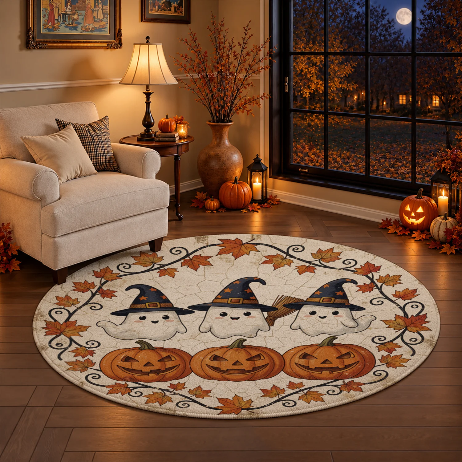 Halloween Ghosts Pumpkins Maple Leaves Pattern Round Velvet Floor Mat Machine Washable Stable Underfoot Entryway Kitchen Porch Ideal for Halloween Thanksgiving Christmas New Year Black Friday Cyber Monday