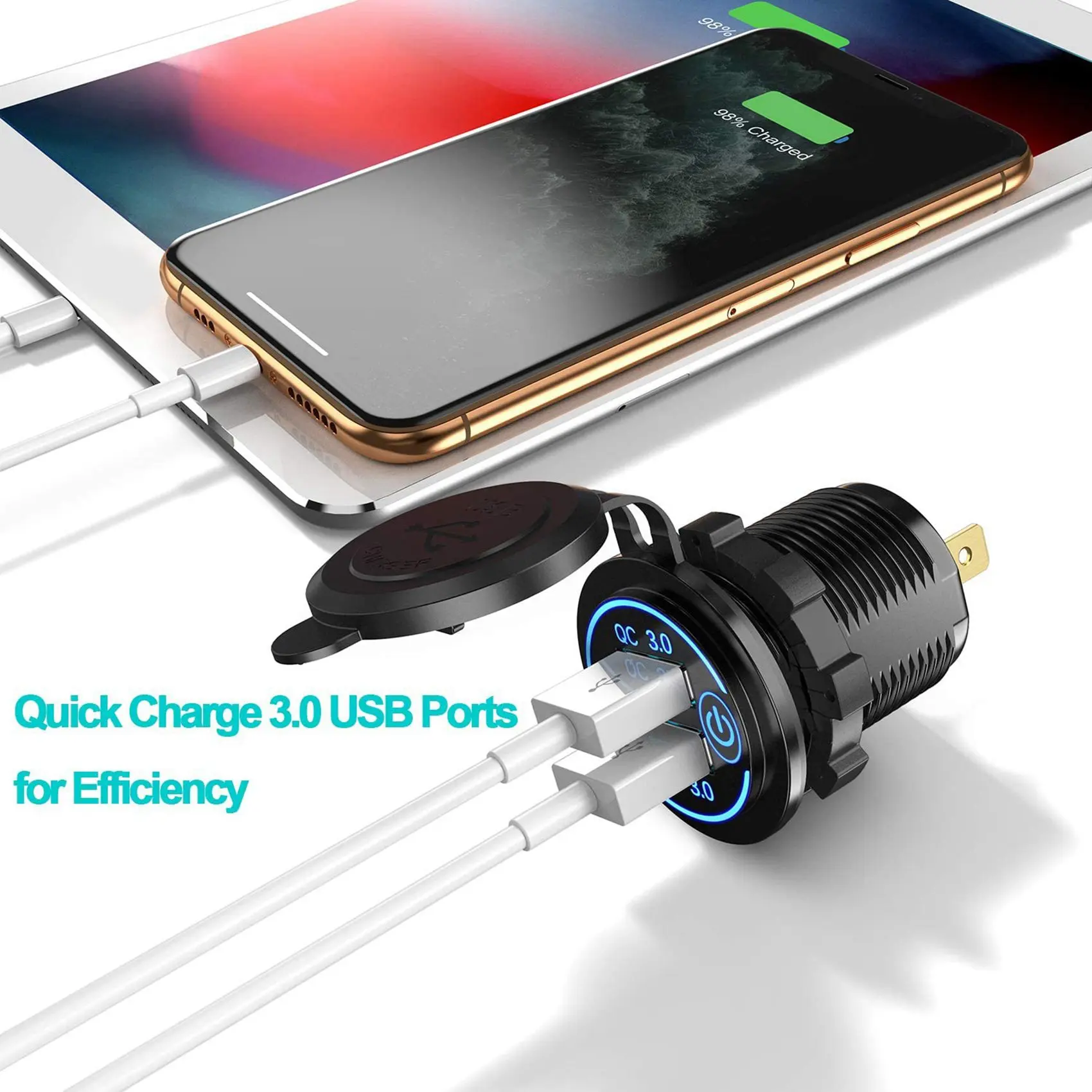 Rare 6X Quick Charge 3.0 Dual USB Car 12V 36W USB Fast With Switch For Boat Motorcycle Truck Golf Cart Blue