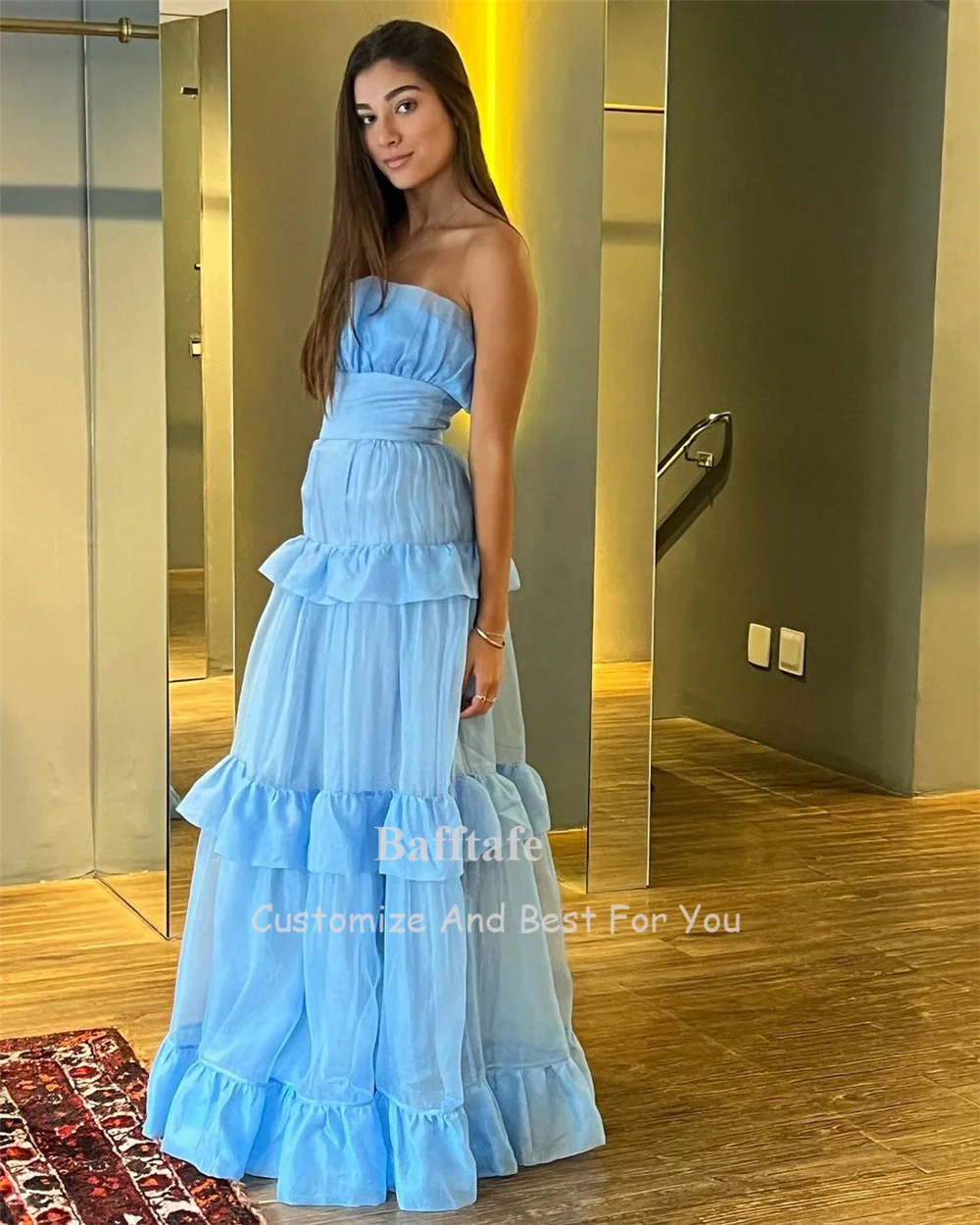 Customized Blue A Line Prom Dresses Strapless Pleated Formal Party Dress Floor Length Special Occasion Gowns Women Wear Outfit