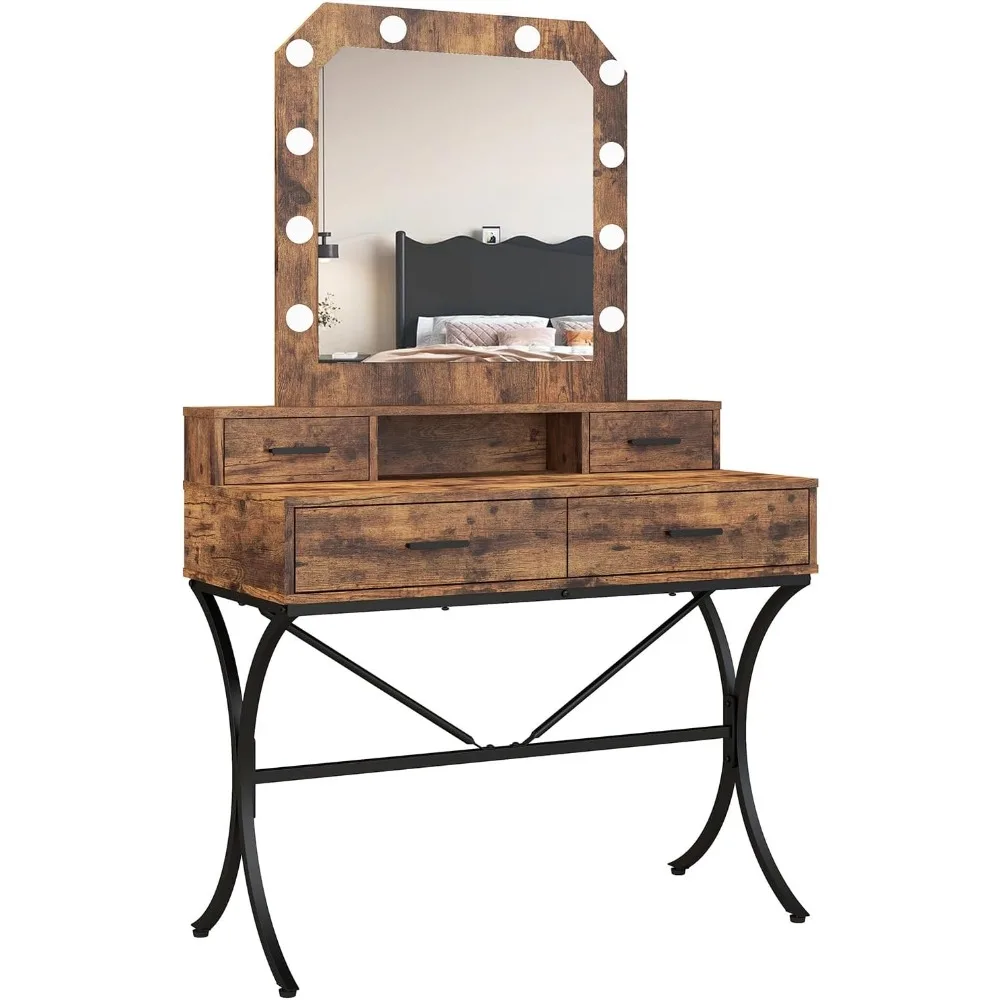 Vanity Table with Lighted Mirror, Modern Makeup Vanity Table with 10 Lights Makeup Desk 4 Drawer Storage Dressing Table for