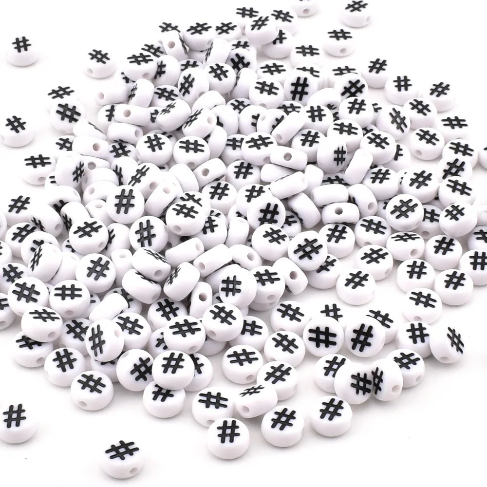 50pcs/lot 7*4*1mm DIY Handmade beading Acrylic beads Round white background black # symbol beads for jewelry making