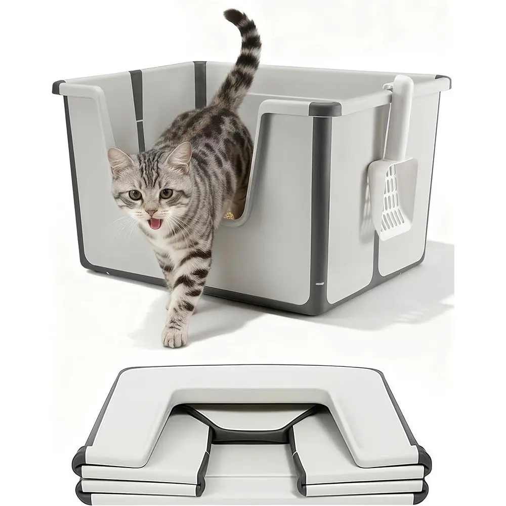 

Large Cat Litter Boxes with Scoop, Portable for Travel, Open Top & High Sides, Easy Carry for Indoor or Outdoor Use