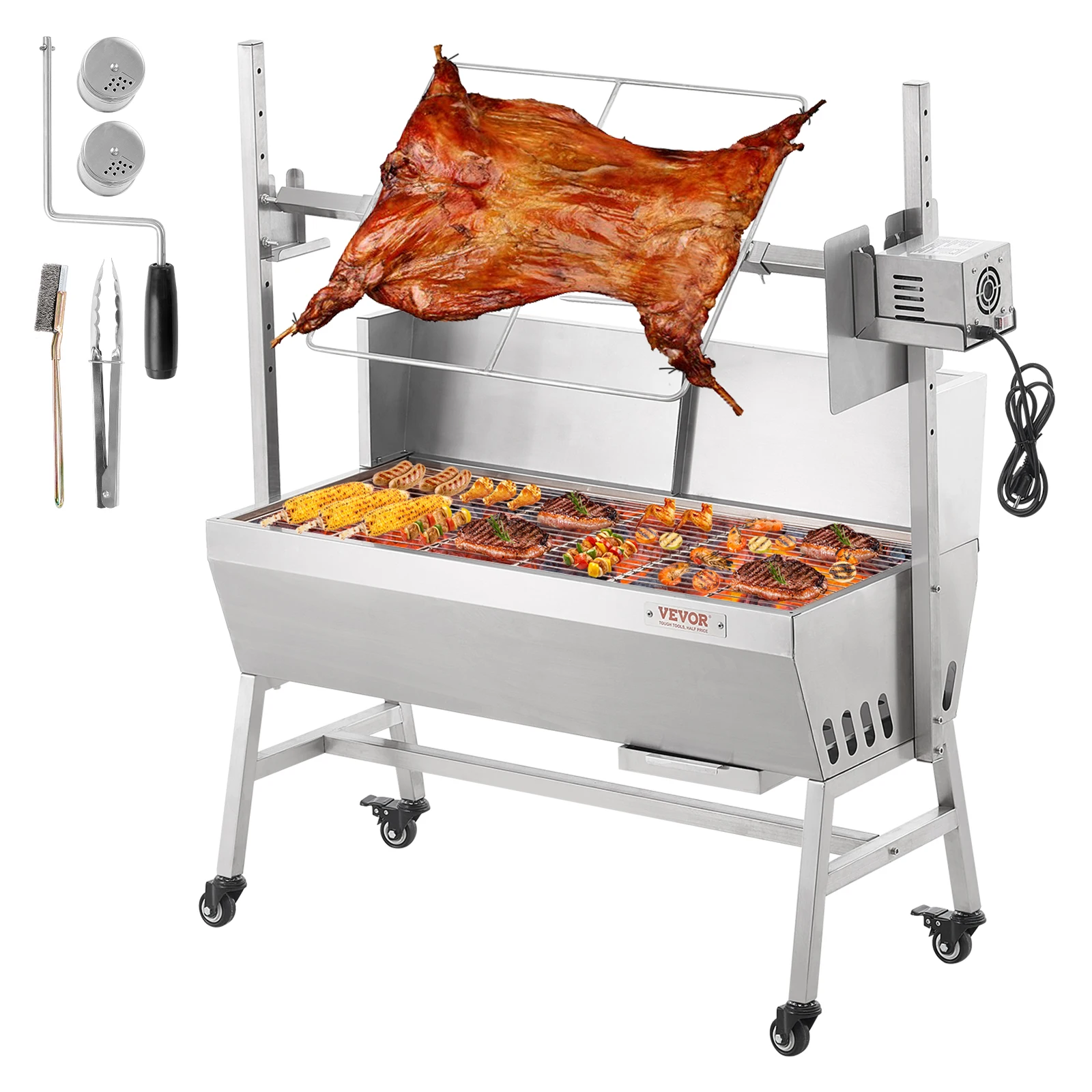 35inch  Motor Rotisserie Grill Stainless Steel Charcoal Spit Roaster with Lockable Wheels for Outdoor Camping Backyard