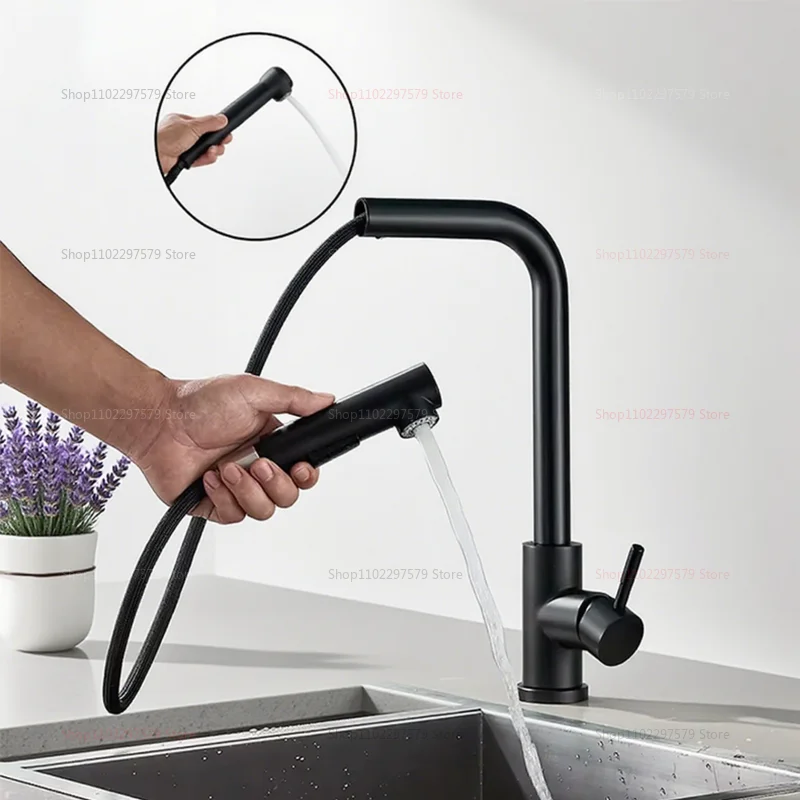 Upgraded Black Silver Pull-Out Telescopic Rotary Kitchen Faucet Dual Mode Hot Cold Stainless Steel Easy Install Durable Sink Tap