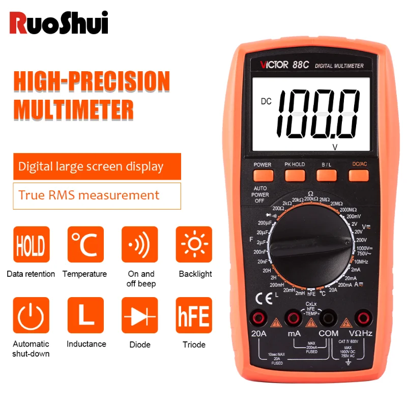 Victor 88C Multimeter 2000MΩ Resistance Inductance New 20H Large LCD Display True RMS 1000V/20A AC DC with Temperature Frequency