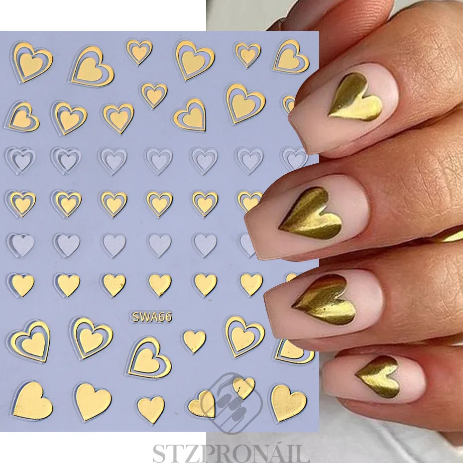 3D Love Heart Nail Sticker Gold Lines Colorful Heart Valentine's Day Design Self-adhesive Decal DIY Manicure Art Decoration Tips