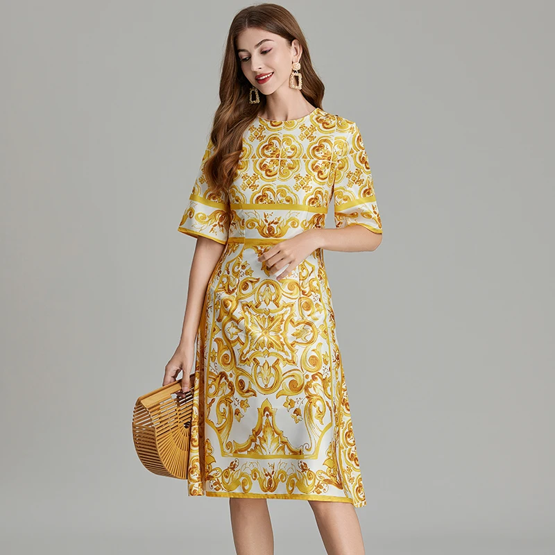 Runway Boho Women Round Collar Flower Print A Line Clothes 2024 New Summer Yellow And White Porcelain Flare Sleeve Holiday Dress