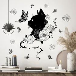 Autocollant mural papillon auto-adhésif, fond de fleur de chat noir, décoration de la maison