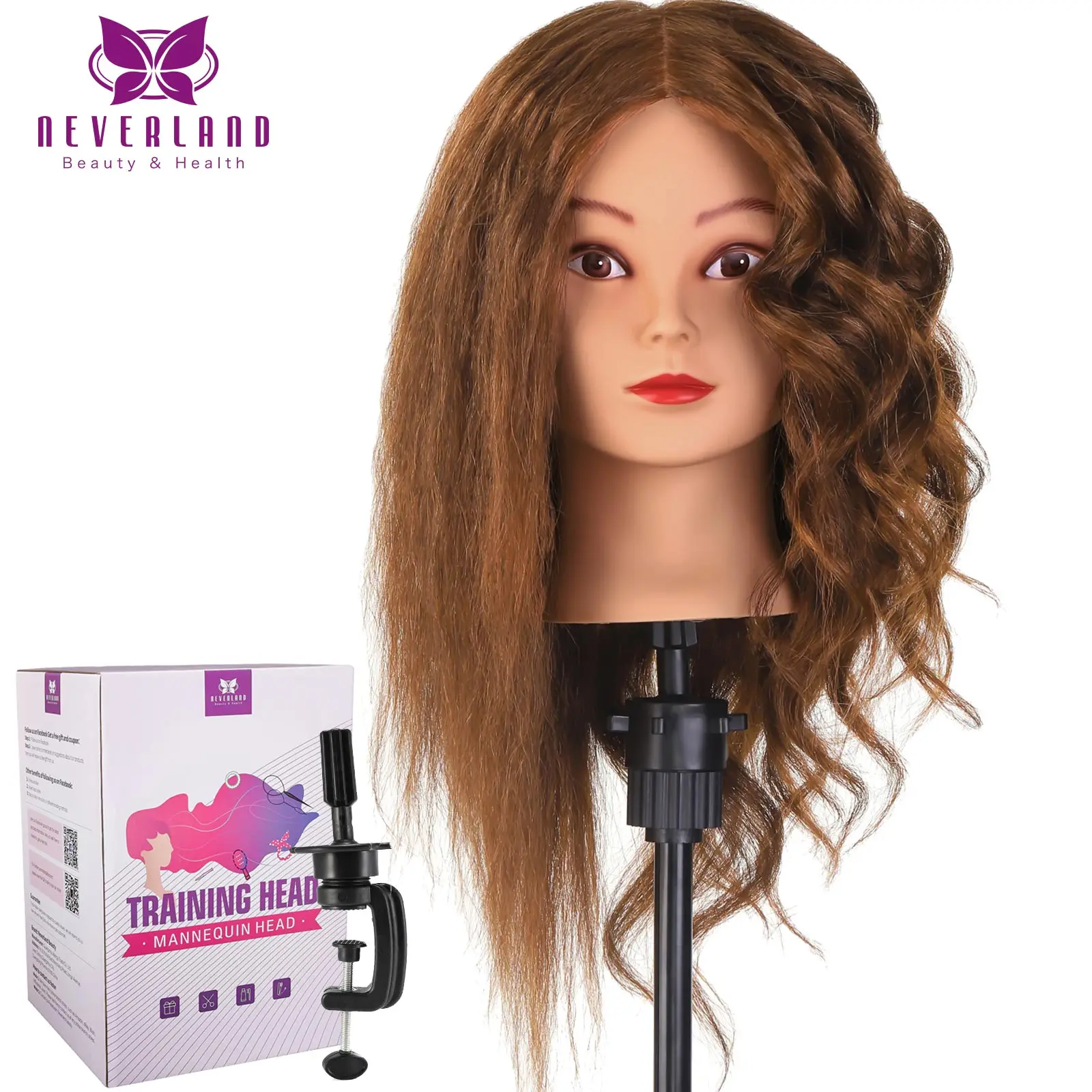 20 Inch 100% Real Hair Training Head Mannequin Head Doll Head for Hairdresser Hairdressing Mannequin with Clamp Holder