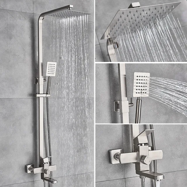 

Bathroom Shower Faucet Wall Mounted 8" Shower Set Square Rainfall Hot Cold Water Bath Spout