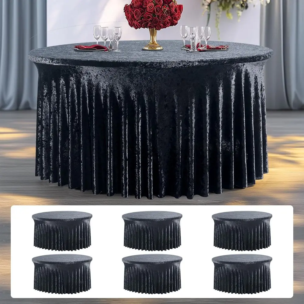 

6 Pack Black Velvet Round Tablecloth 60 inch, Thick Shiny Velour Stretch itted 5t Round Tablecloths 120 inch, Wrinkle ree Spx Ta