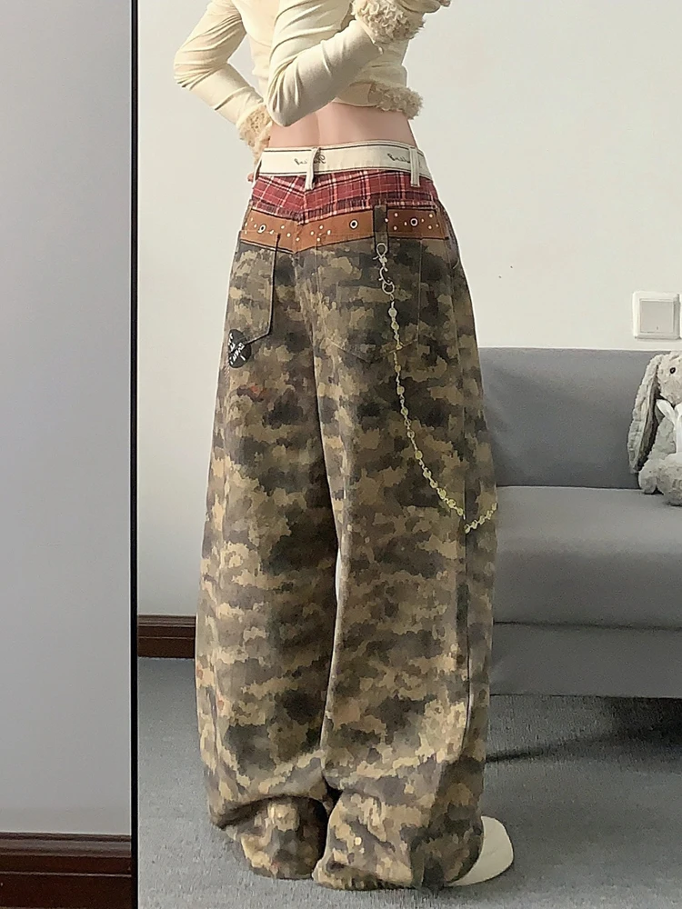 American Retro 3D Printed Camouflage Belted Wide Leg Jeans Women's Loose Slimming Design Casual High Waist Denim Pants