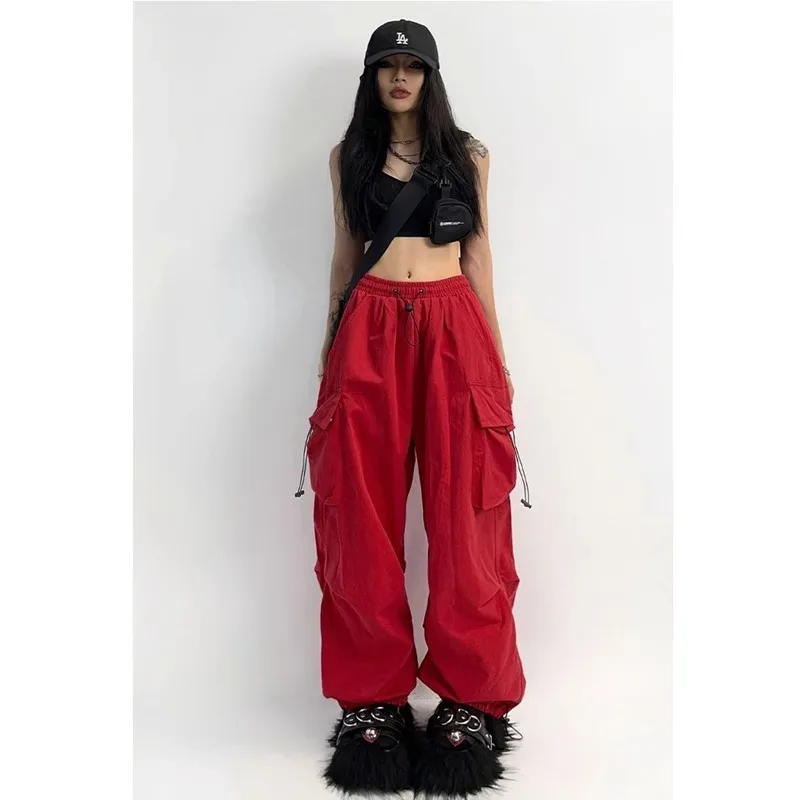 1 Stück Damen-Cargohose | Amerikanischer High-Street-Streetwear-Stil | Kordelzug, hohe Taille, lockere Passform, gerades Bein, weites Bein – Detail 3