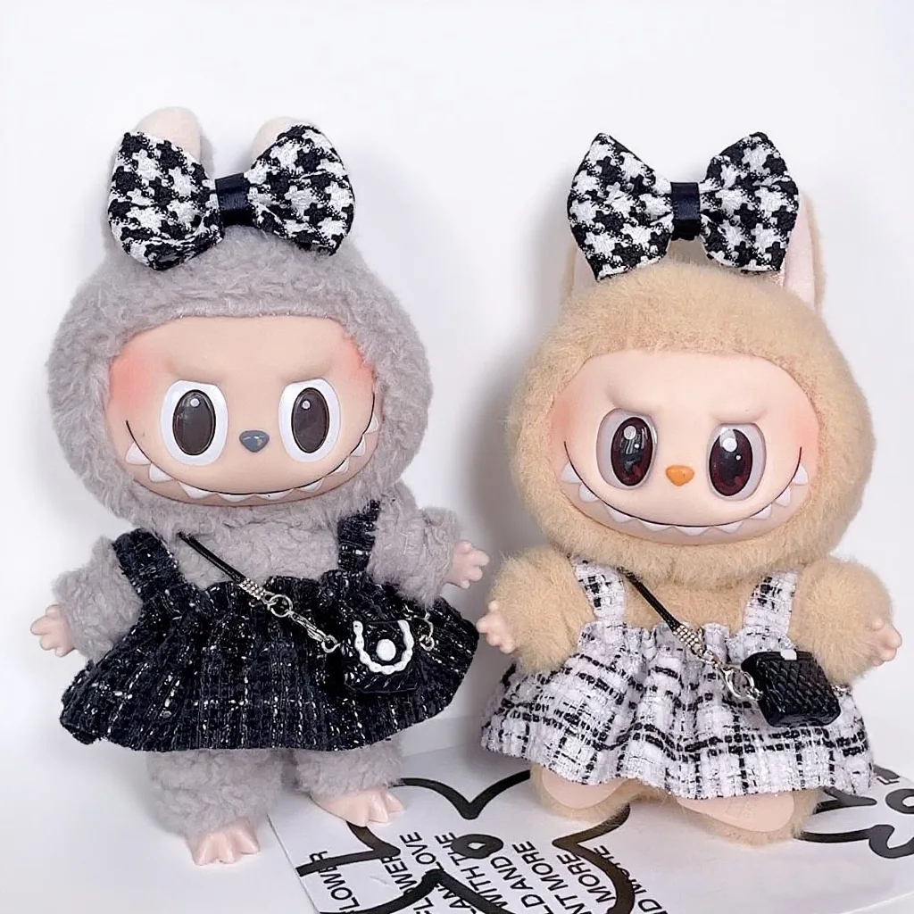 

For 17cm Labubus Mini Doll Houndstooth Clothes Set Labubu v1v2v3 Bow Headband Dress Clothing Accessorie