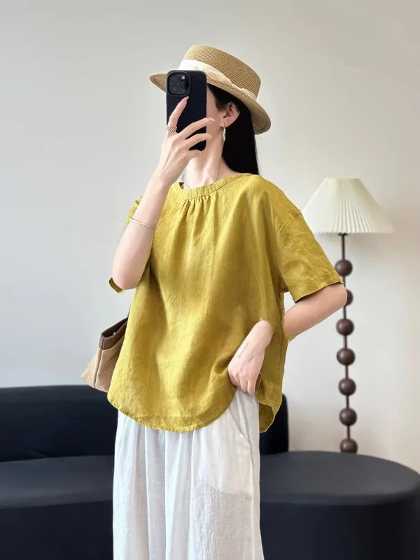 Retro Cotton Linen ort Sve irt Women Summer Casual Loose Folded Collar round Ne Linen T-irt Top Commute Sle