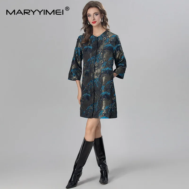 MARYYIMEI-abrigo de manga tres cuartos para mujer, abrigo Jacquard de un solo pecho con cuentas, moda de otoño e invierno