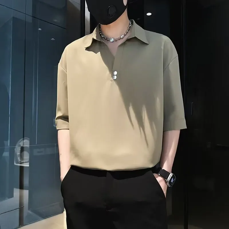 

Мужская летняя рубашка-поло цвета хаки с короткими рукавами, минималистичный повседневный топ свободного кроя с V-образным вырезом и пуговицами для повседневной носки