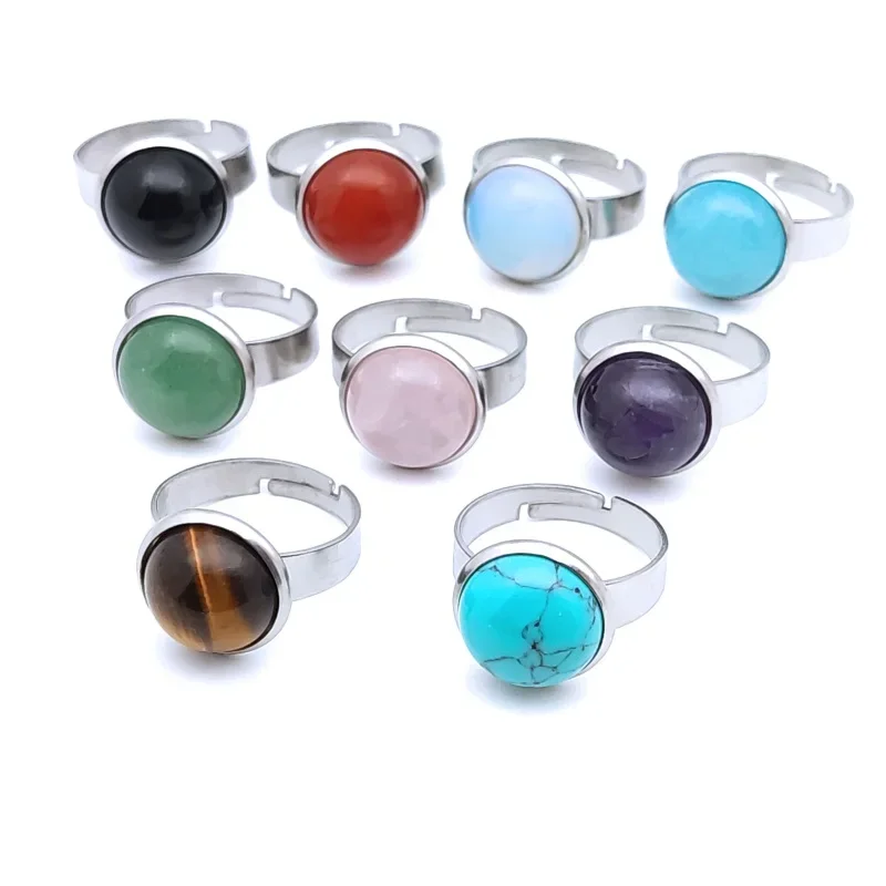 10pcs Wholesale 12mm Cabochon Stainless steel Stone Ring Tiger Eye Opal Pink Crystal Adjustable Ring for Women Girl Jewelry