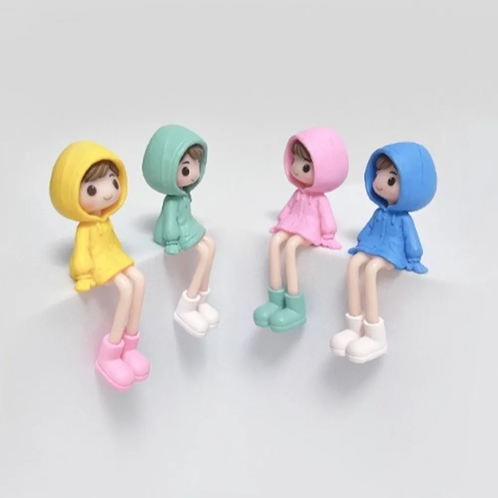 4Pcs PVC Raincoat Doll Figurine Set Rain Boots Hand Painted Sitting Girl Mini Figurine Anti-Drop Long Legged