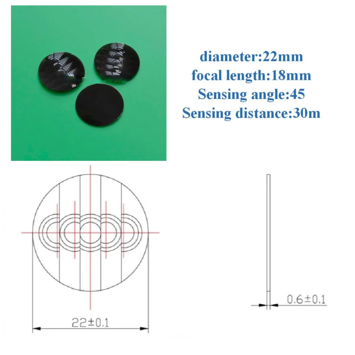 D22F18 Round HDPE Fresnel Lens Black High Sensitive PIR Lenses 30m Sensing Distance for Human Body Infrared Induction