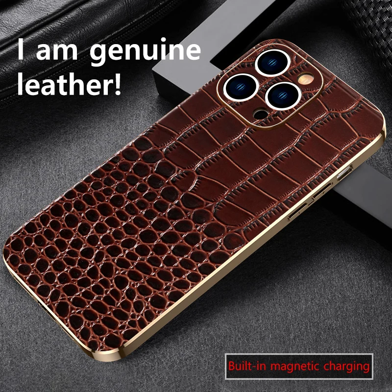 

for Magsafe Case Genuine Cowhide Leather Phone Case for iPhone 14 15 Pro Max 15Pro Magnetic Plating Full Lens Protection Cover