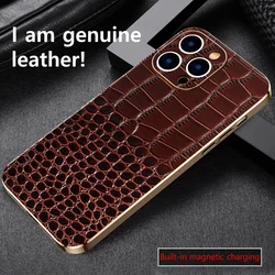 for Magsafe Case Genuine Cowhide Leather Phone Case for iPhone 14 15 Pro Max 15Pro Magnetic Plating Full Lens Protection Cover