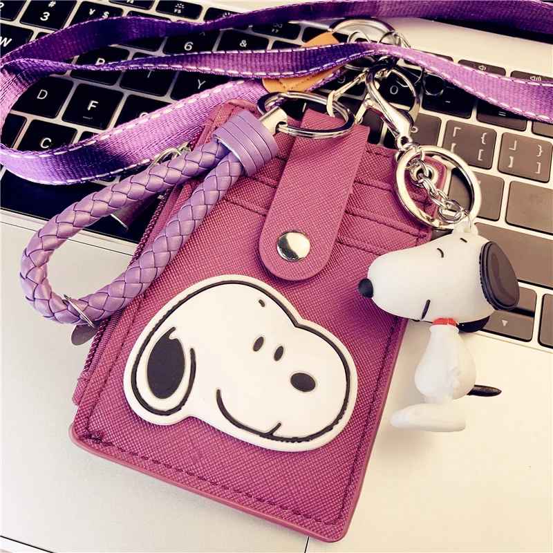 Kawaii Snoopy Peanuts Card Bag Cartoon Long Rope Keychain Cards Holder Anime Plush Doll Key Ring Protective Sleeve Pendant Xmas