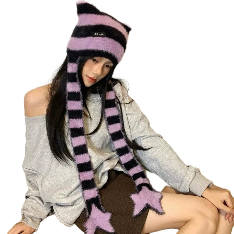 Hot Girl Sweet Cool Style Hut Stern gestreifte Plüsch-Strickmütze Vielseitig für Herbst und Winter – Detail 13