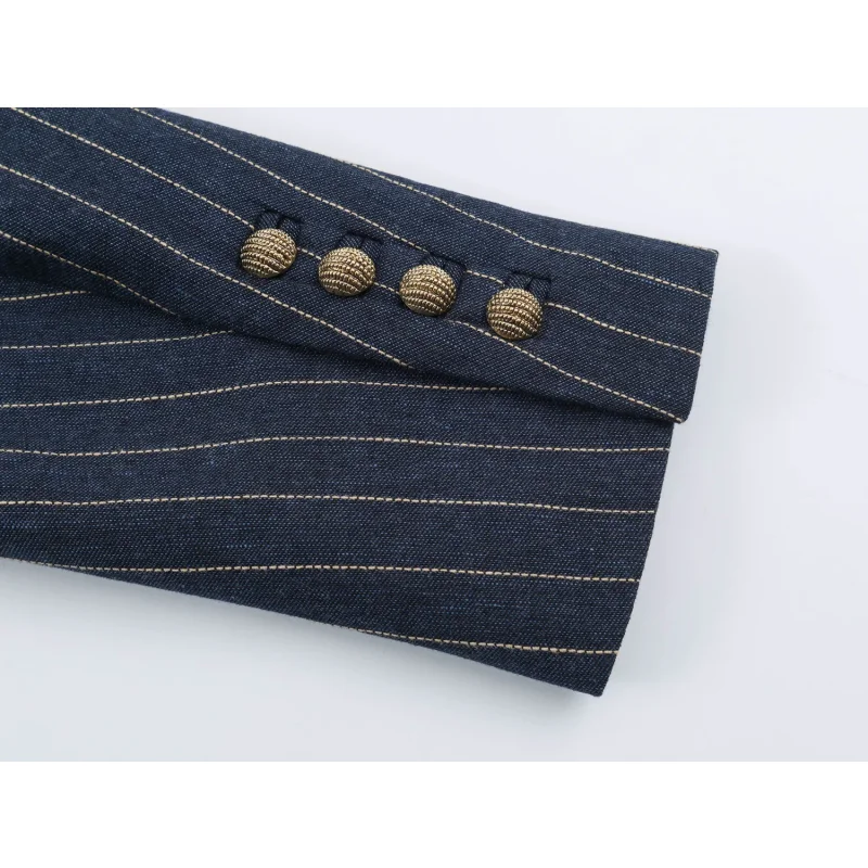 Gestreifter Damen-Blazer, kurz geschnitten, mit gekerbtem Revers, zweireihig, Metallknöpfe, Vintage-Militärstil, Herbst-Oberbekleidung – Detail 14
