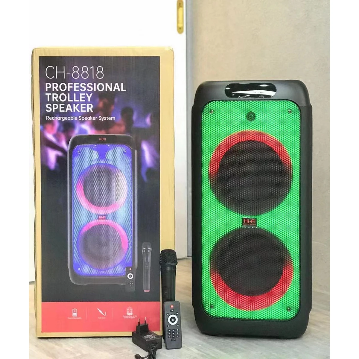 CH-8818 Factory wholesale double 8 inch light speaker Outdoor portable wireless speaker with wireless microphone