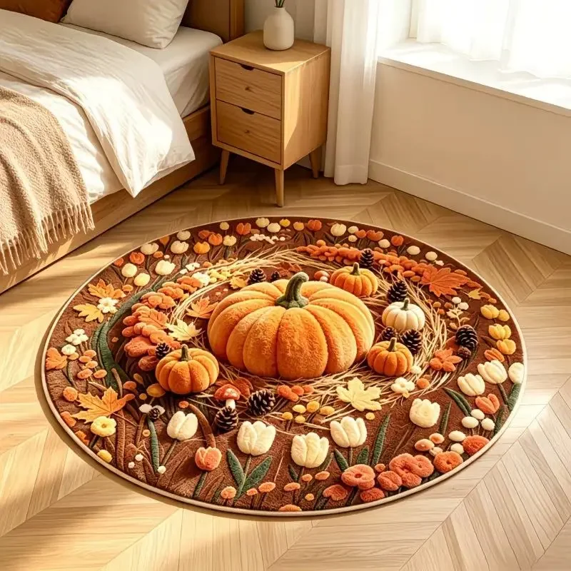 VIKAMA Harvest Gourds Tulips Flower Cluster Round Rug Autumn Soft Floor Mat Bedroom Room Decor Accent Stylish Durable Cozy Gift