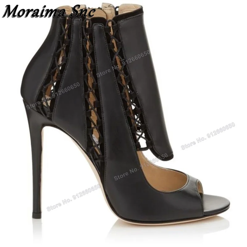 

Moraima Cut Out Side Zipper Hollow Boots for Women Peep Toe Black Sandals Boots Fashion Runway Shoes New Wedding Shoes on Heels