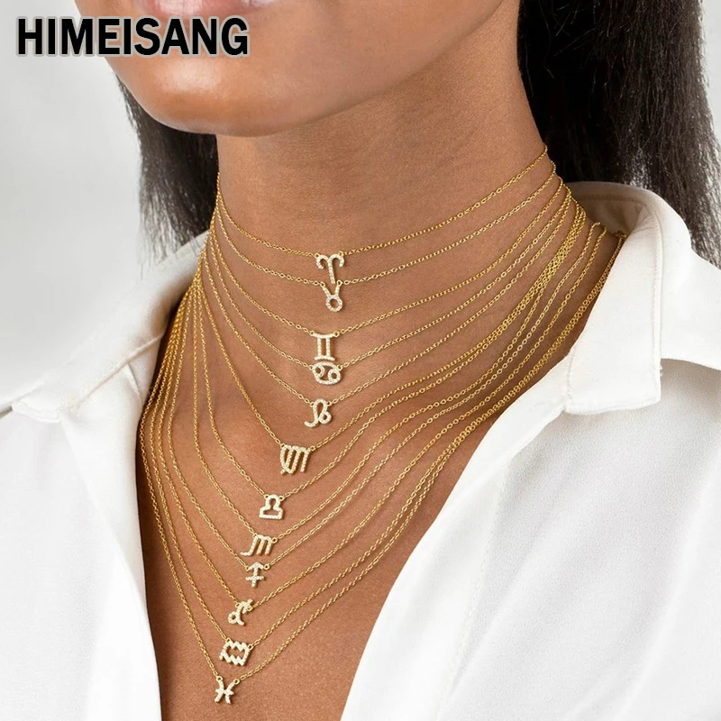 

HIMEISANG Scorpio Virgo CZ Pendants Gold Filled Cubic Zircon 12 Zodiac Constellation Chain Necklace For Women Fashion Jewelry